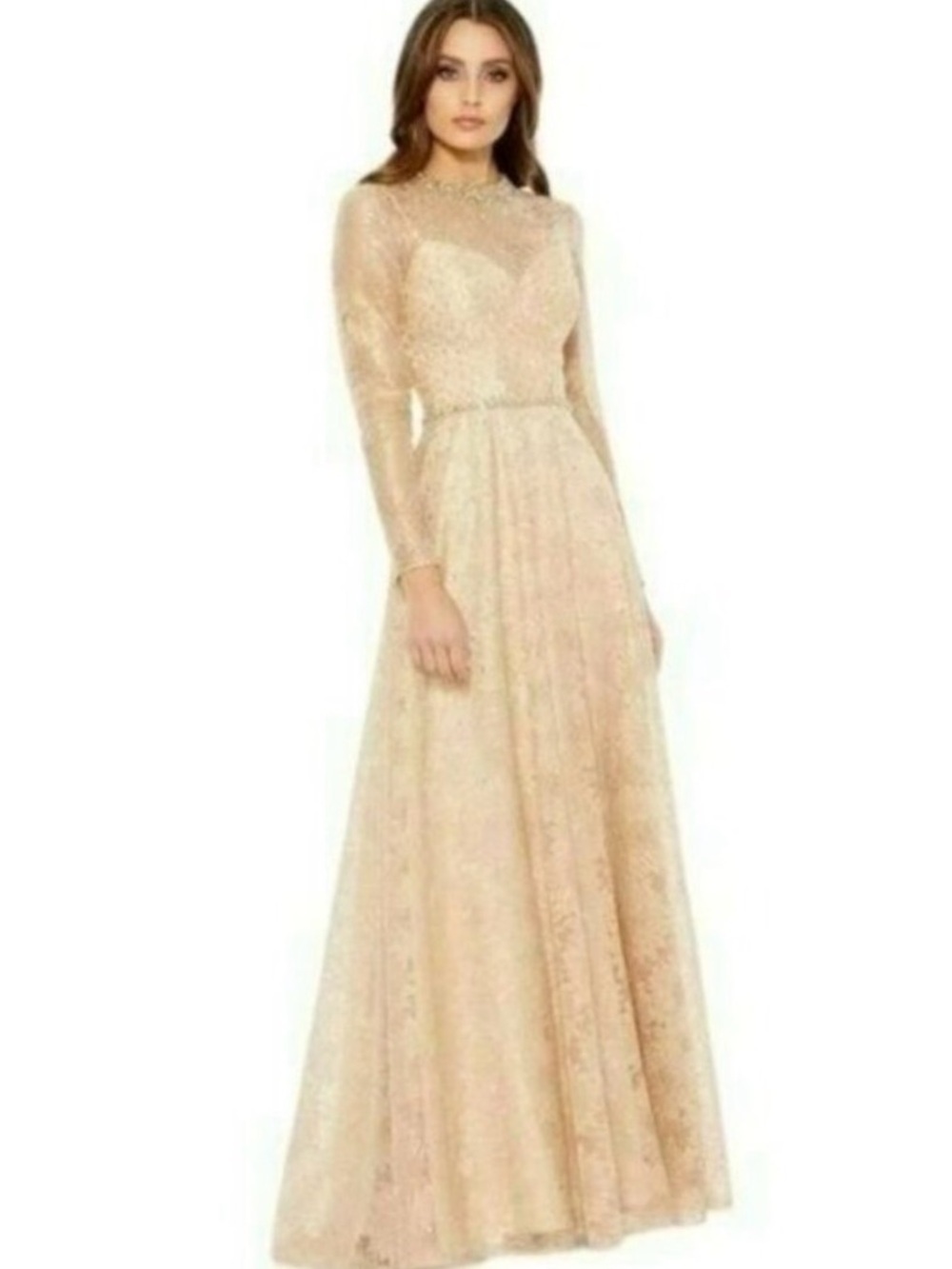 Mac Duggal Sz 14 $598 Gold Lace Gown Illusion Neck Sequin Maxi Formal Dress New